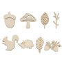 SG Store 200pcs Embellissements en Bois Copeaux de Bois Décoratifs Écureuil Champignon Feuille Hérisson Gland Brindille Formes T
