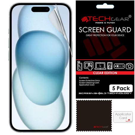TECHGEAR [Lot de 5 films de protection d'écran pour iPhone 16/iPhone 15 - Film protecteur d'écran LCD transparent avec chiffon d