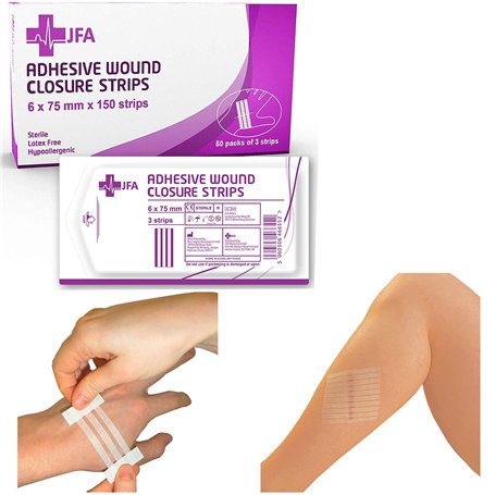 JFA Medica Lot de 150 bandes (50 paquets) adhésives hypoallergéniques et stériles 6 x 75 mm pour sutures et traitement des plaie