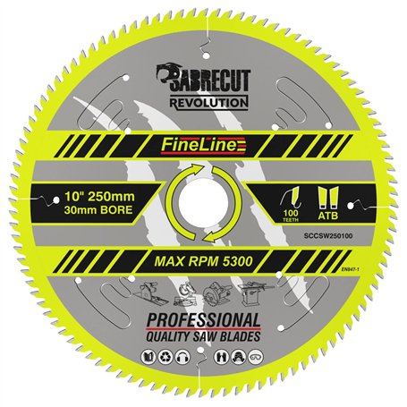 1 x SCCSW250100 SabreCut 250 mm 100T x 30 mm Alésage FineLine Thin Kerf Bois Contreplaqué MDF Aggloméré Coupe transversale et co