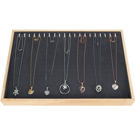 BELLE VOUS Boite a Bijoux Femme en Bois pour Colliers avec 20 Crochets - 24 x 35 cm - Plateau Bijoux Velours Gris - Boite Bijoux