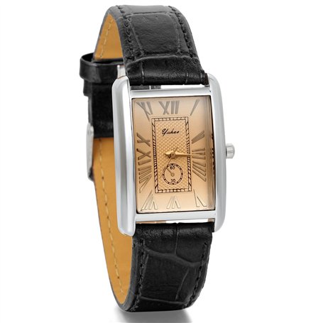 JewelryWe Montre Quartz Rétro Rectangulaire Romain Chiffre Cadran Bracelet Cuir Alliage Homme Femme Couple Amour Noir