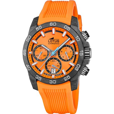 Lotus Montre pour Homme 18974/6 Chrono Boîtier en Fibre de Carbone Noir Bracelet en Caoutchouc Orange