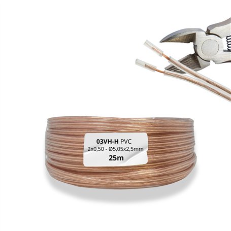 HALOTEC. 25 mètres Câble parallèle flexible transparent cuivre PVC 2 x 0