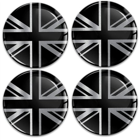 Biomar Labs 4 x 56mm Autocollant 3D Noir Argent Royaume-Uni Drapeau Silicone pour Cache-Moyeu Enjoliveurs Centre de Roue Caches
