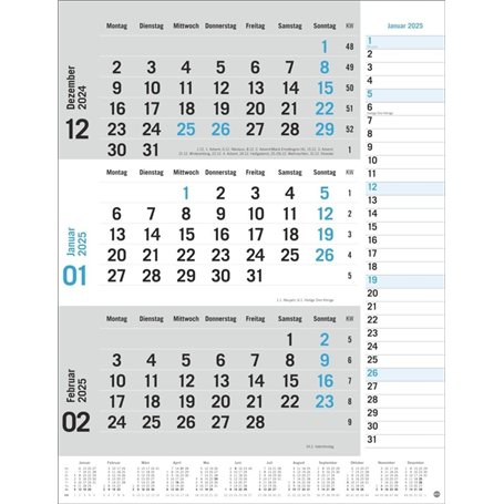 Calendrier mural 2025 bleu 3 mois avec curseur de date