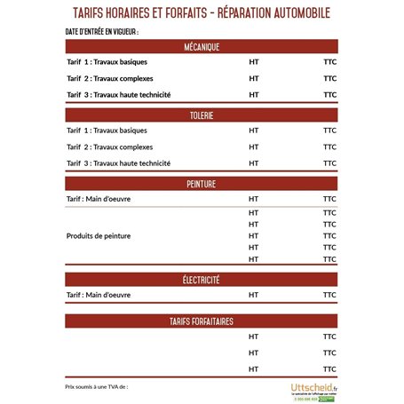 Affichage des tarifs horaires des réparations automobiles - A3