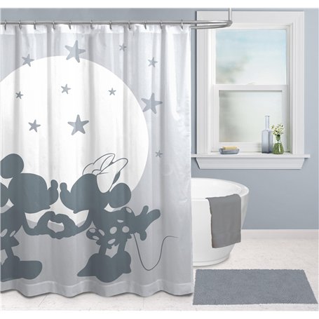 Rideau de Douche Disney Mickey et Minnie 178 x 182 cm - Décoration de Salle de Bains Grise en Tissu