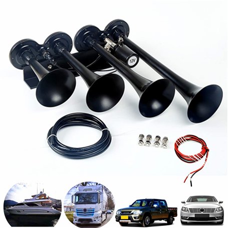 YIYIDA Klaxon de voiture Klaxon électrique Car Horn 160DB Klaxon étanche Haut-parleur Chrome Zinc Klaxon de bateau quatre tubes