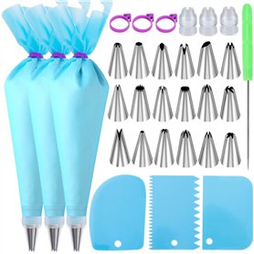 Kit de décoration de gâteaux avec 3 poches à douille réutilisables, 18 embouts de glaçage, 3 coupleurs, 3 attaches de sac, 3 gra Kit de décoration de gâteaux avec 3 poches à douille réutilisables