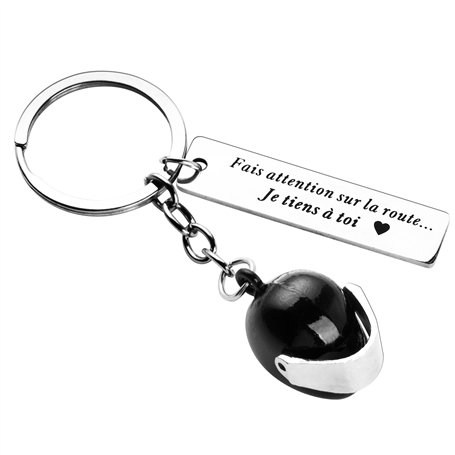 Cadeau Noël Porte-Clé de Voiture Moto Forme Casque en Acier Inoxydable Porte Clef Pendentif Personnalisé avec Fais attention sur