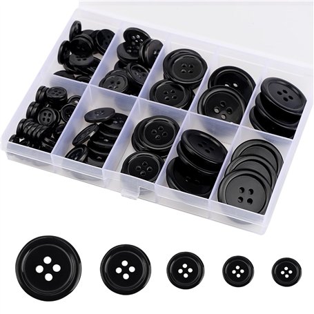 100 boutons noirs en résine à 4 trous (10-25 mm)