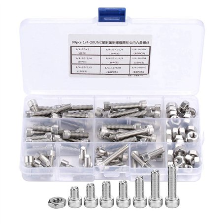 Vis à Tête Cylindrique 90Pcs 1/4-20UNC Vis à Tête Creuse à Six Pans Creux en Acier Inoxydable 304 Vis à Tête Cylindrique à Tête