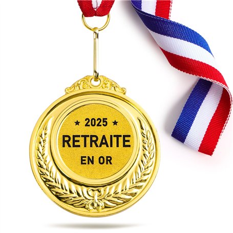 GEBETTER Cadeau Retraite 2025 1Pc Médaille d’Or “Retraite en Or” avec Ruban Bleu Blanc Rouge Décoration Retraite Cadeau Départ p