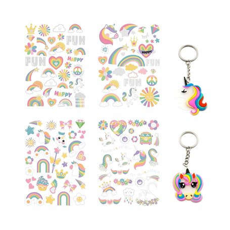 QFEHTHSK 4 Autocollants De Tatouage d'animaux De Dessin Animé Et 2 Porte-Clés d'animaux De Dessin Animé