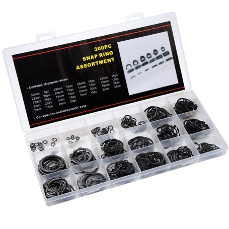 Tunejoy Circlip E-Clips Anneau de Retenue en Acier Carbone Bague de Retenue avec Boîte 18 Tailles 3mm-32mm 300 Pièces