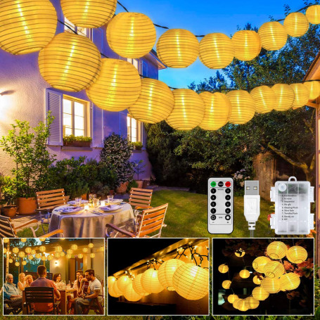 Guirlande lumineuse LED d'extérieur - 20 8 modes - Lampion LED - Alimentation par USB / piles et IP65 - Étanche - Avec minuterie