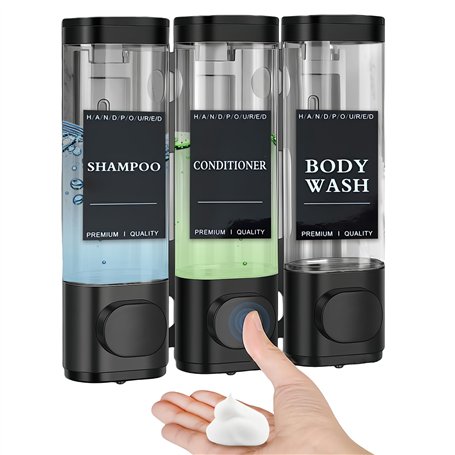 Distributeur de savon mural - 3 compartiments - 300 ml - Sans perçage - Distributeur de shampoing pour douche