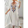 L-Peach Femme Été Coton Broderie Florale Longue Kaftan Maxi Robe Paréo de Plage pour Maillot de Bain
