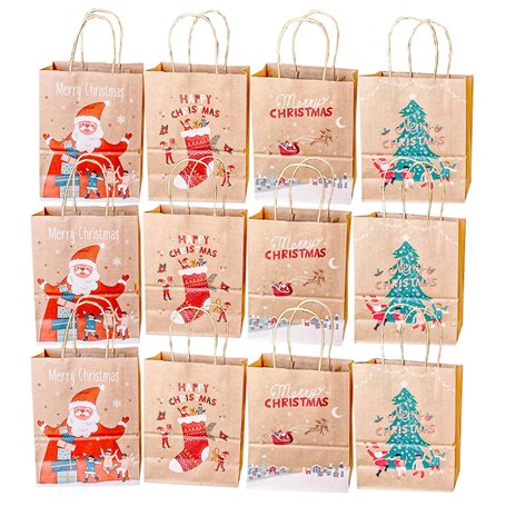 JOYISEN Pochette Cadeau 12 Pièces Sac Cadeau Noel Brun Sac Papier de Noel avec Poignée 120GSM Sac Papier Kraft pour Emballage de