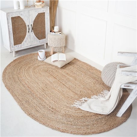 RAJRANG Tapis en Jute tressé - Boho Tapis de Tapis Ovale tissé à la Main pour la décoration intérieure 100% Jute Naturel - 152 x