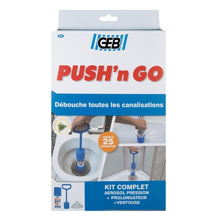GEB Kit déboucheur express pour canalisation - Pour tout type de bondes - (Contient Push'n Go 200 ml + prolongateur + ventouse)