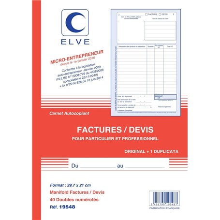 ELVE CARNET FACTURES/DEVIS AUTO ENTREPRENEURS 297X210 40/2 - Pack de 1