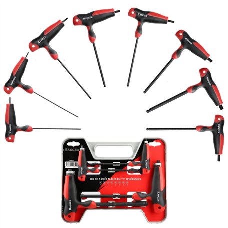Jeu de 8 Clés Allen Sphériques Emmanchées en 'T' - Hanger - 250191 - Clés Mâles 6 Pans Sphériques - Poignées Ergonomiques