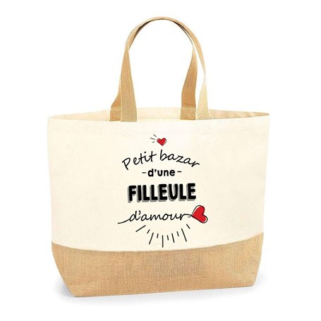 Sac Filleule d'Amour | Cabas de Plage Courses Coton et Toile de Jute Idée Cadeau Femme