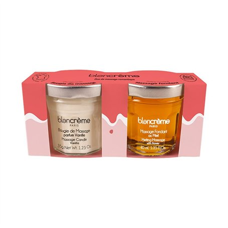 Duo de Massage - Bougie cire végétale fondante Vanille et massante + Crème de Massage au Miel
