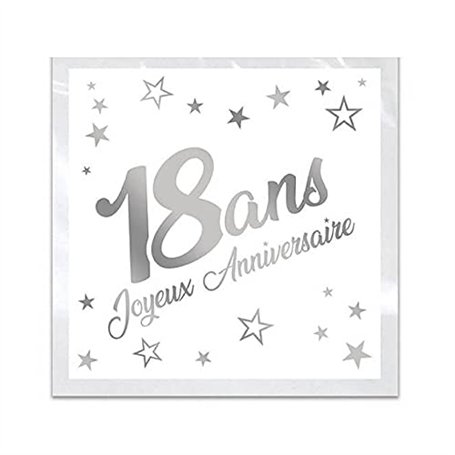 Serviette de table anniversaire 18 ans blanche et argentée métallisée (x24) REF/STAM01A