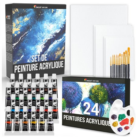 Zenacolor - Kit de Peinture Acrylique (40 pièces) - 24x12ml Peintures- Avec 5 Toiles à Peindre