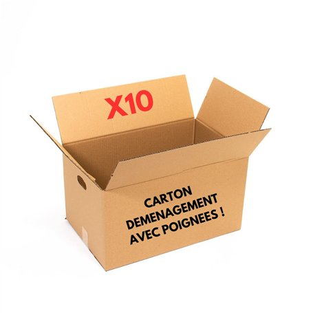 Carton Déménagement Avec Poignées | Kit 10 Cartons Taille L - 55x35x30 cm | Renforcé (jusqu'à 25 kgs) | Double Cannelure | 1 adh