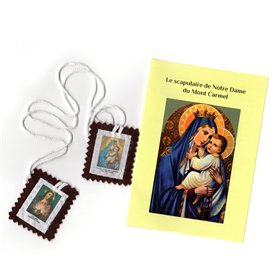 Scapulaire de Notre Dame du Mont Carmel en tissu marron tel que reçu par St Simon Stock. Avec feuillet explicatif.