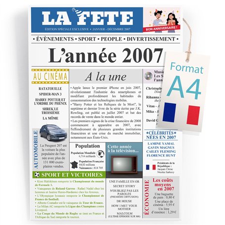 Little Elise Affiche d'Anniversaire 18 Ans Originale Style Journal Année 2007 | Design Unique Format A4 | Cadeau Anniversaire 18