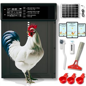 Porte Automatique Poulailler, Écran LED et Sécurité Anti-Écrasement, 3 abreuvoirs, Charge USB et Secteur, Capteur de Lumière et  Porte Automatique Poulailler