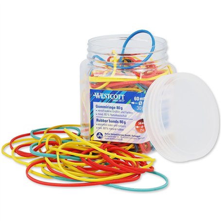 Westcott Élastiques 80g | Environ 170 élastiques colorés de différentes tailles dans un récipient en plastique pratique | Lot d'