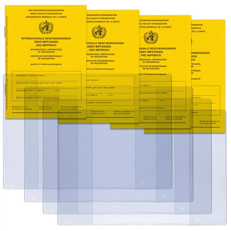 Welsberg Lot de 4 étuis de protection transparents pour passeport de vaccination et 4 porte-badges pour certificat international