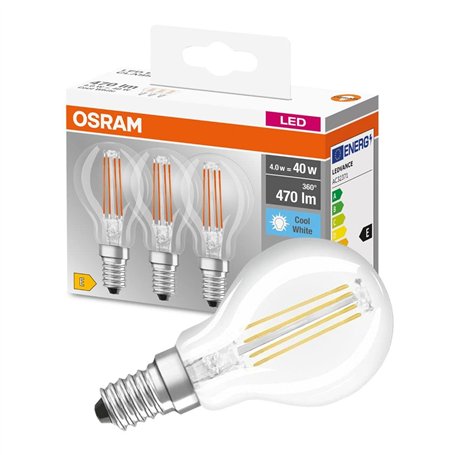 Osram - Lot de 3 Ampoules LED Filament Sphérique - Culot E14 - 4 W Equivalent 40 W - Blanc Froid 4000K
