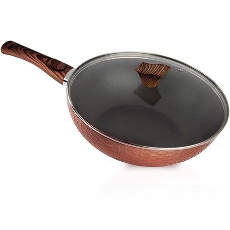 GGC Wok avec manche en bois et couvercle I 32 cm de diamètre Wok avec revêtement antiadhésif I Poêle pour plaques à induction et