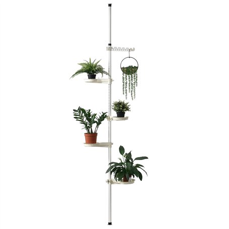 Support de Pot Fleur téléscopique Porte-Pot Stand de Plante Métal et Plastique Réglable en Hauteur Entre 110-305 cm Blanc