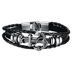 Hanessa Bracelet surfeur en cuir noir ancre pour homme - Bijoux en acier inoxydable - Cadeau de Noël pour un ami/un homme, 23.5  Hanessa Bracelet surfeur en cuir noir ancre pour homme - Bijoux en acier inoxydable - Cadeau de Noël pour un ami/un homme
