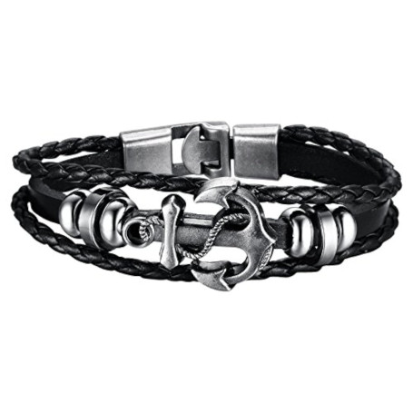Hanessa Bracelet surfeur en cuir noir ancre pour homme - Bijoux en acier inoxydable - Cadeau de Noël pour un ami/un homme