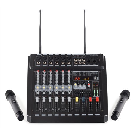 Pronomic Powermake 600 - Table de mixage 6 canaux dj - 2 microphones UHF sans fil - Puissance RMS 760 watt - Processeur multi-ef