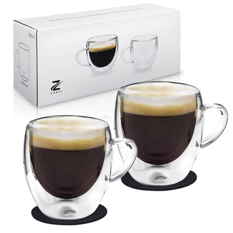 Zobel Lot de 2 tasses à cappuccino - 200 ml - Double paroi avec anse - Tasses à café et verres à thé - Dessous de verre en feutr
