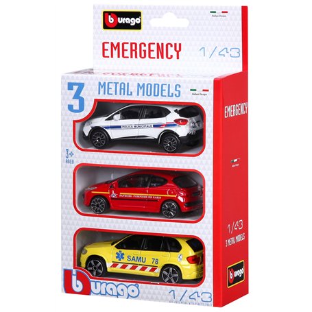 Bburago - Véhicules des Urgences Françaises - Miniatures à l'échelle 1:43 - Pack de 3 Véhicules - Police Municipale