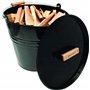 Valiant Seau en métal avec Couvercle pour Petit Bois et Cendres Noir 30 cm de diamètre