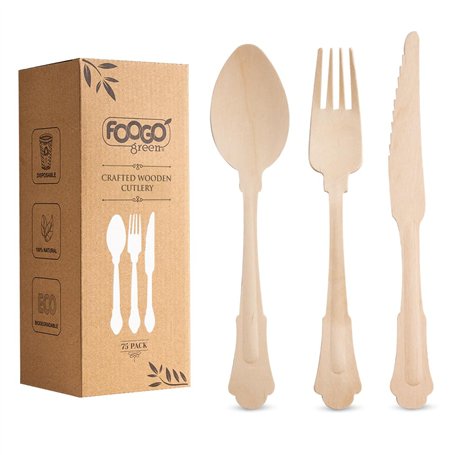 FOOGO Green 75pcs Set Couverts en Bois Jetables