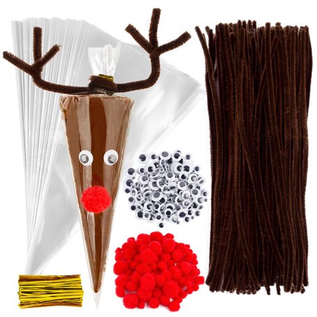 Kit de 100pcs Sachets Transparent Triangle et 100pcs Fils Chenille Marron avec 100pcs Pompons Rouges 200pcs Yeux Mobiles Décorat