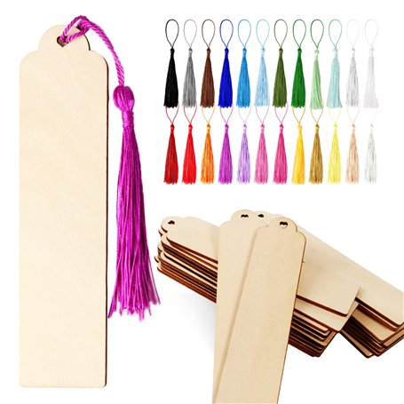 24Pcs Marque Page Vierge Bois 24Pcs Gland Multicolore Signet Etiquette Rectangulaire Artisanat DIY Bricolage Décoration Cadeau F